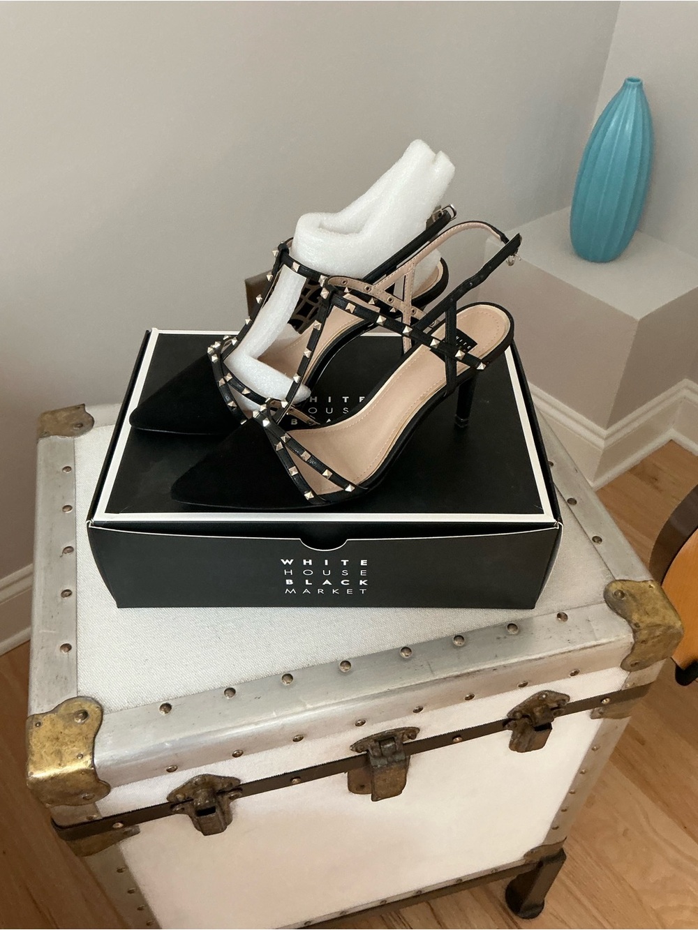 White House Black Market Black Studded T-Strap Pointed Heels. Size 6.5. NWT.